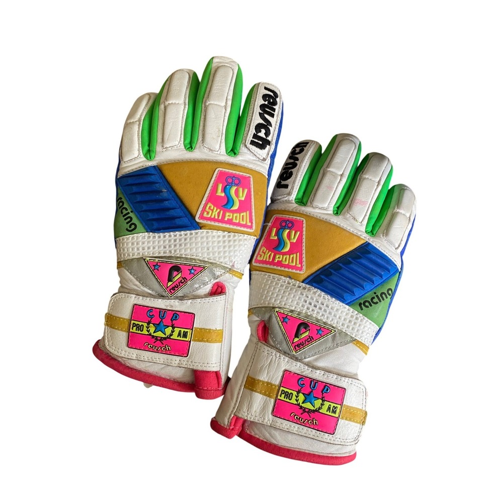 Vintage 1980s Reusch Neon Colorblock Leather Ski Gloves LSV Ski Pool Cup Pro 7.5